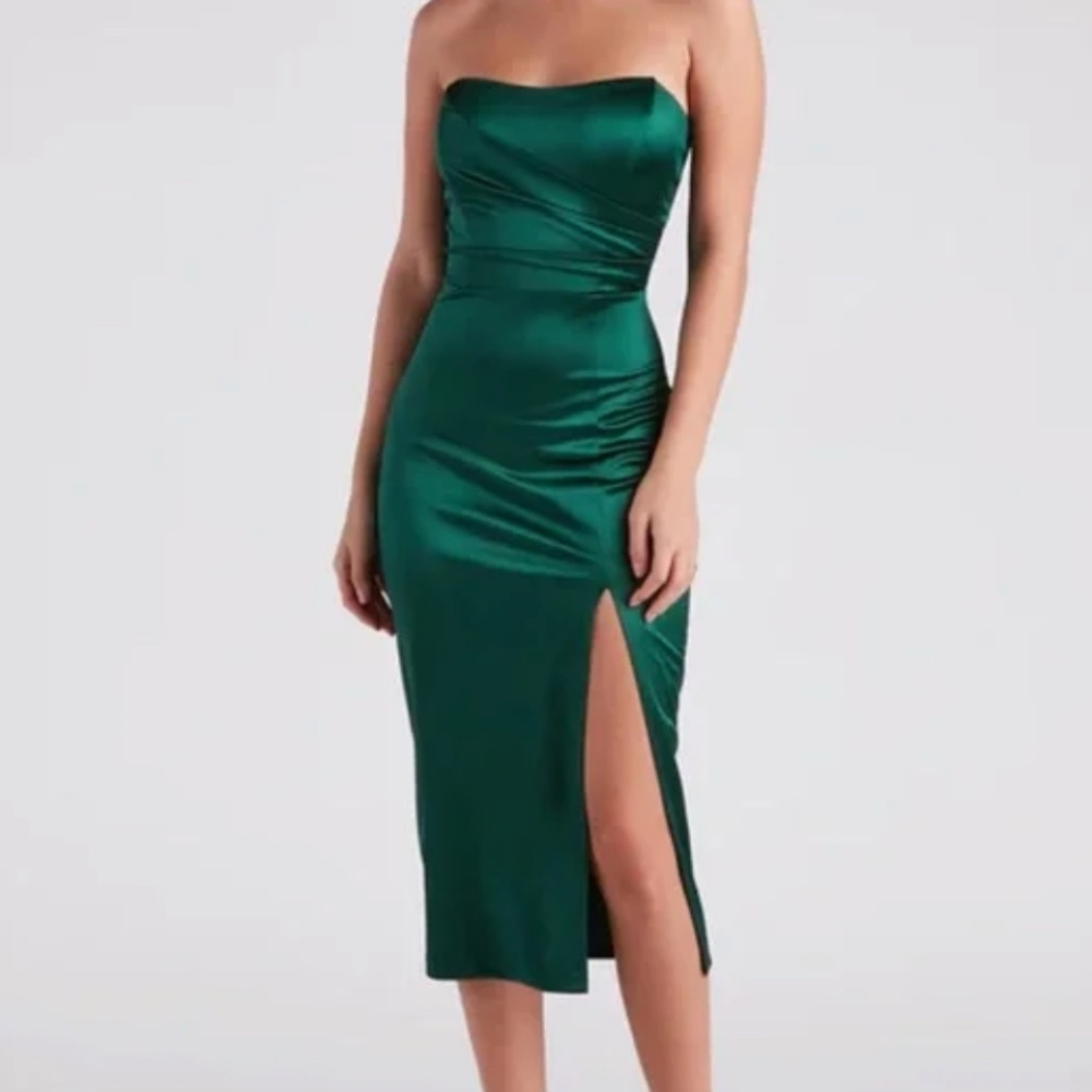NWT Windsor XS Hunter Green Casey Strapless Midi Dress Satin Side Slit Prom - Picture 2 of 6